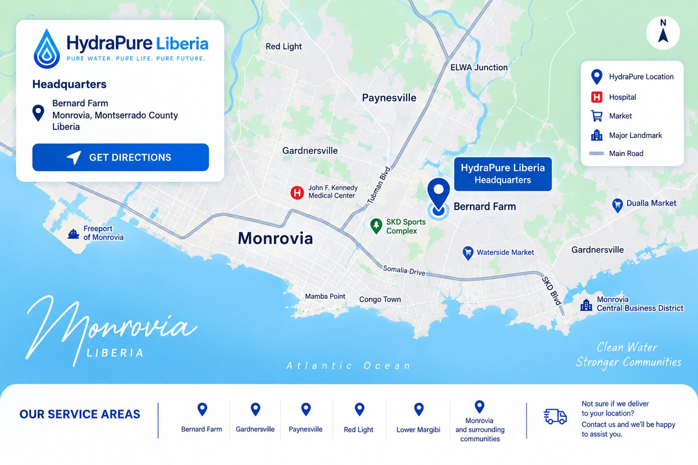 Map of the HydraPure Liberia headquarters at Bernard Farm and the surrounding service areas